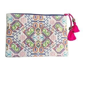 Street Level Boho Embroidered Travel Makeup Cosmetic Pencil Bag Pink Purple